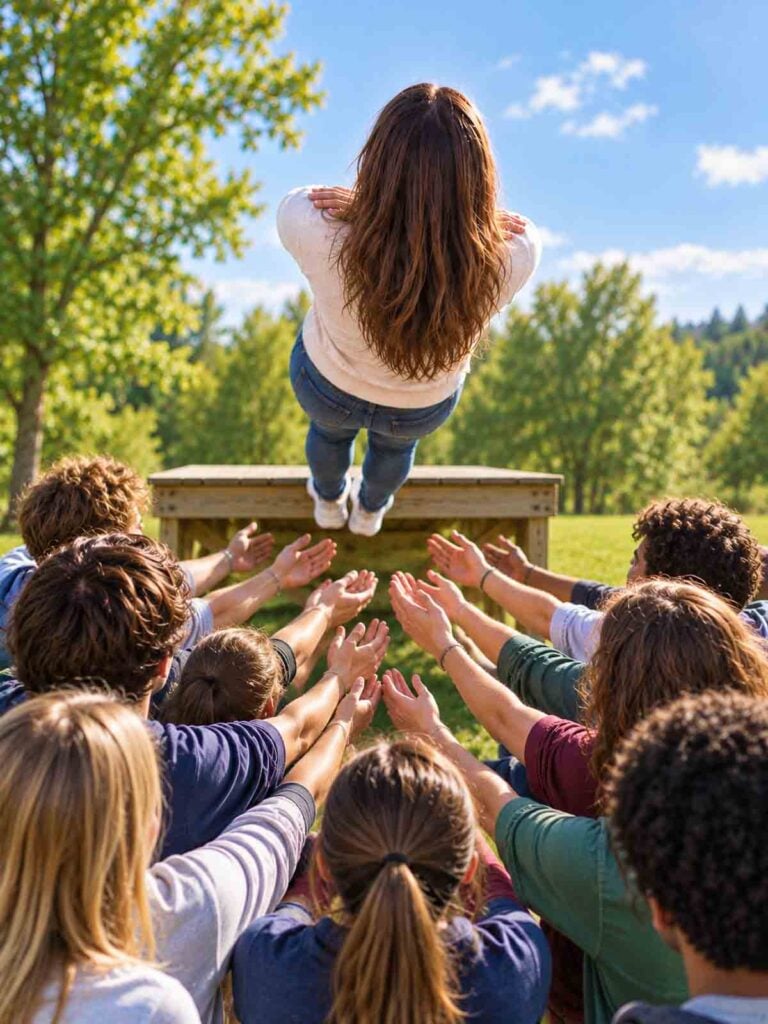 group doing a trustfall outdoors with woman falling from platform and teenagers catching her.