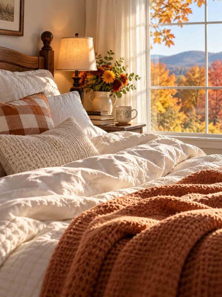 fall morning sunshine coming through a bedroom window.