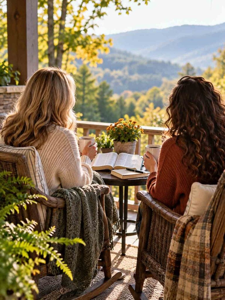 a young woman and older woman studying the Bible on a porch.