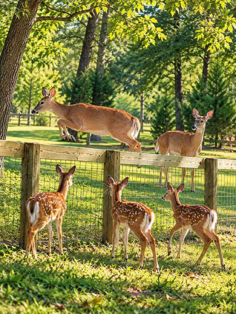 deer jumping fence in a pasture.