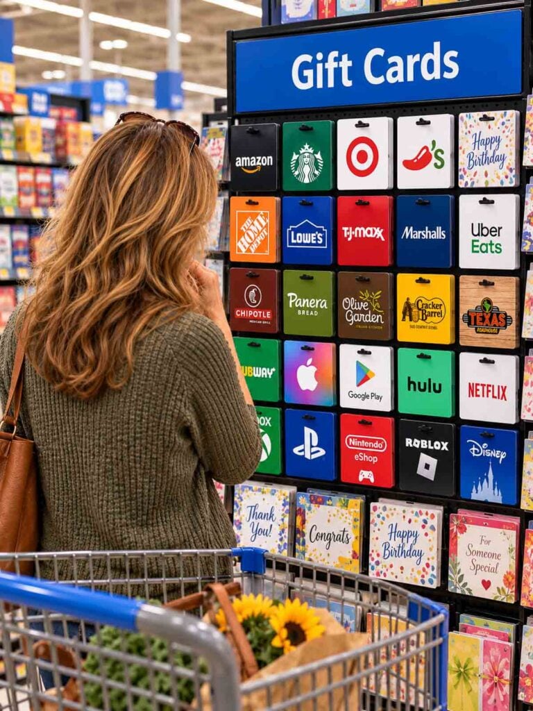 woman standing at gift card rack in store.