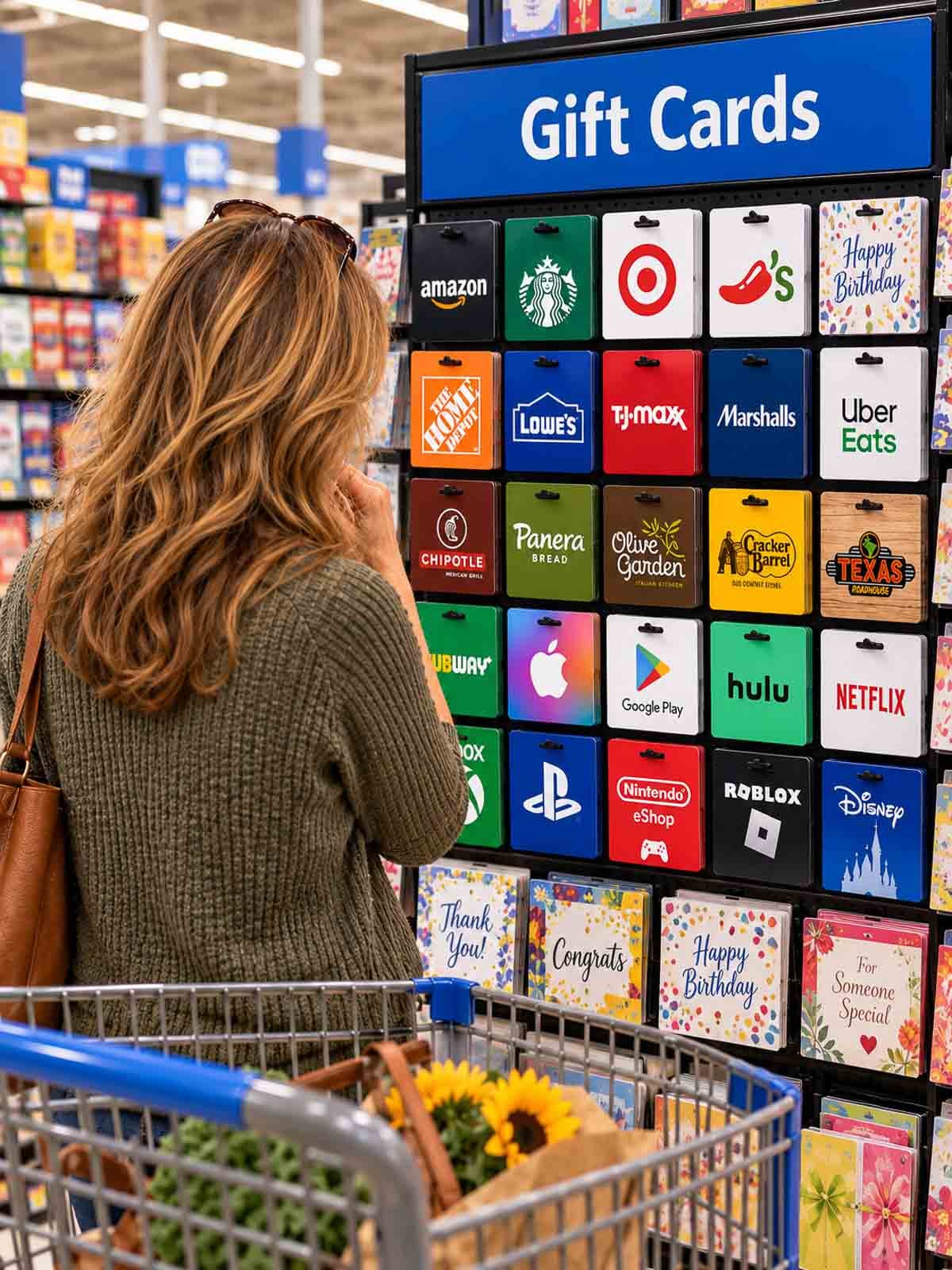 woman standing at gift card rack in store.