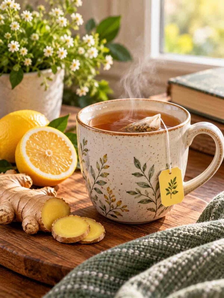 mug of hot tea with teabag tag showing in front of a sunlit window.