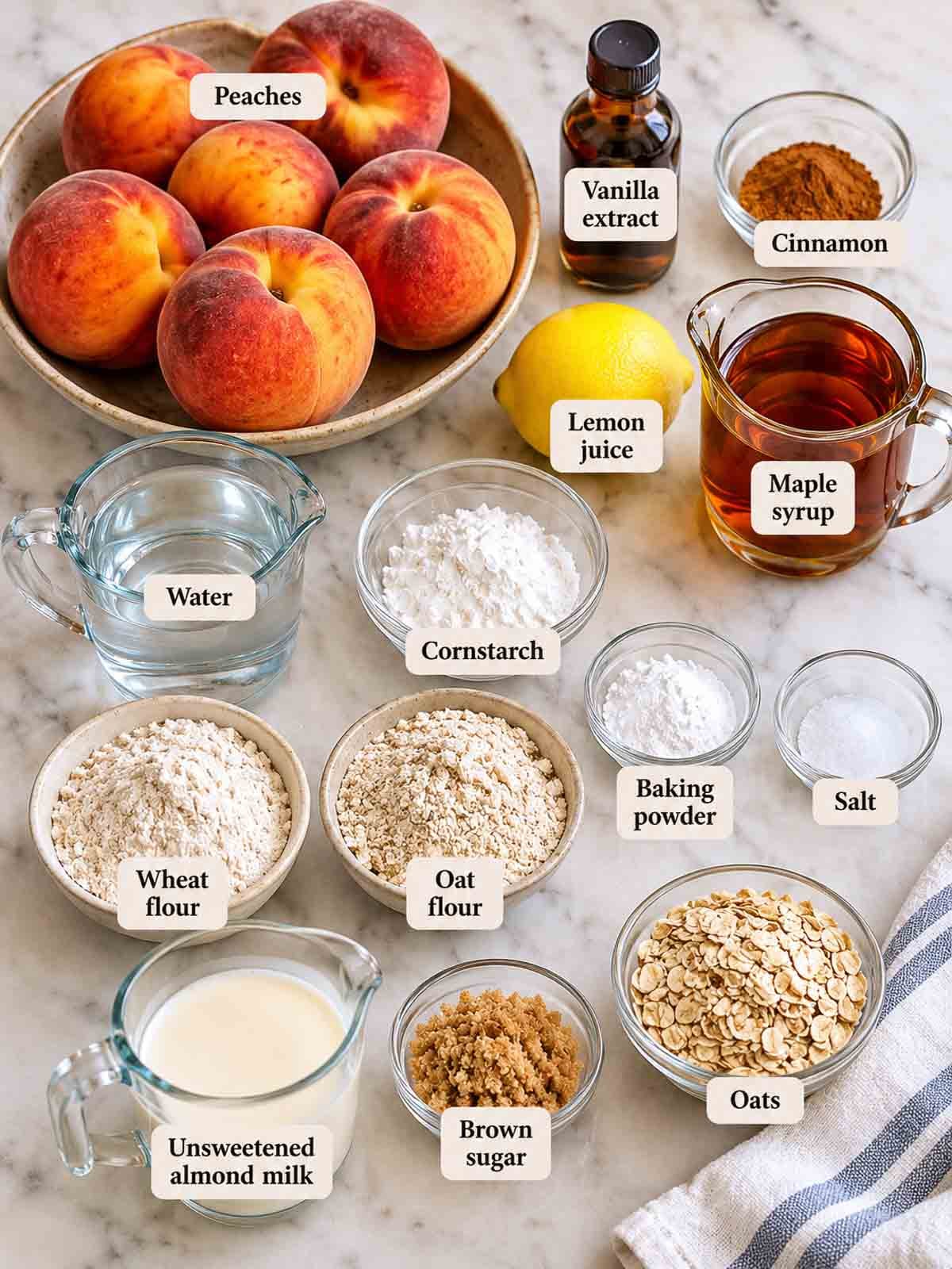 ingredients for dairy-free peach cobbler labeled on counter top.