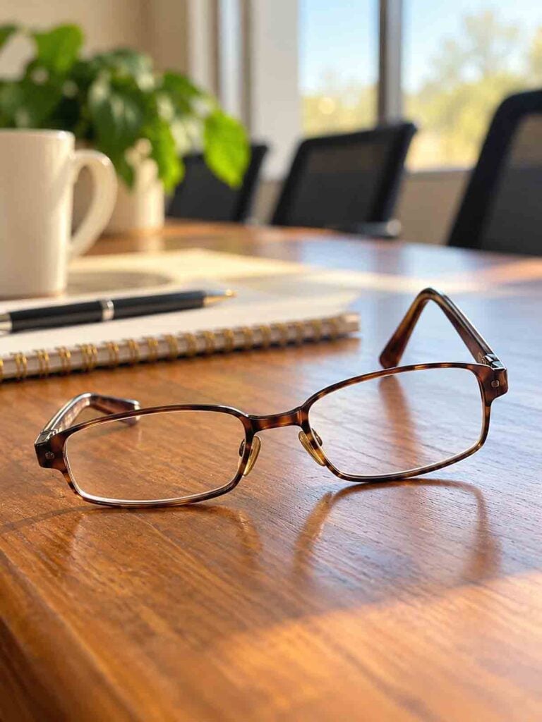 warp and bent reading glasses on a table in a conference room.